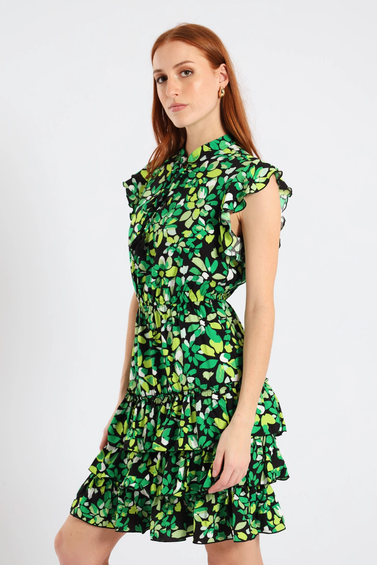Frilly Waisted Leaf Print Mini Dress - Multi Printed-Fabric
