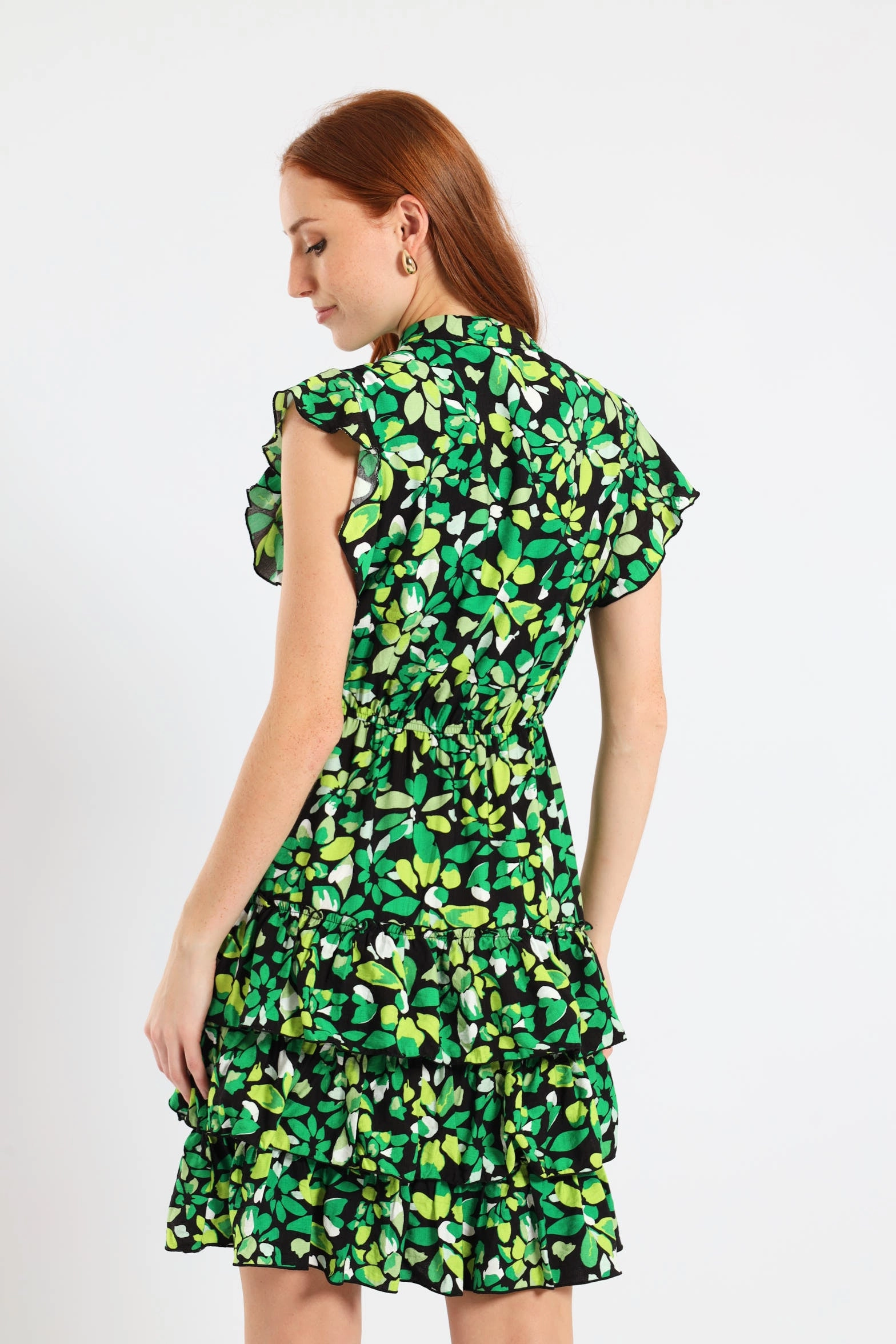 Mesh-Detail Elegant Layers Frilly Waisted Leaf Print Mini Dress - Multi