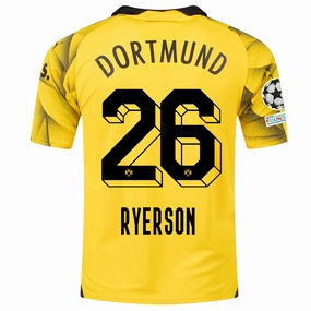 Bonded Armhole Frames Stretch Fabric Technology Puma Mens Borussia Dortmund Julian Ryerson Third Jersey w/ Champions League Patches 23/24 (Cyber Yellow/Puma Black)