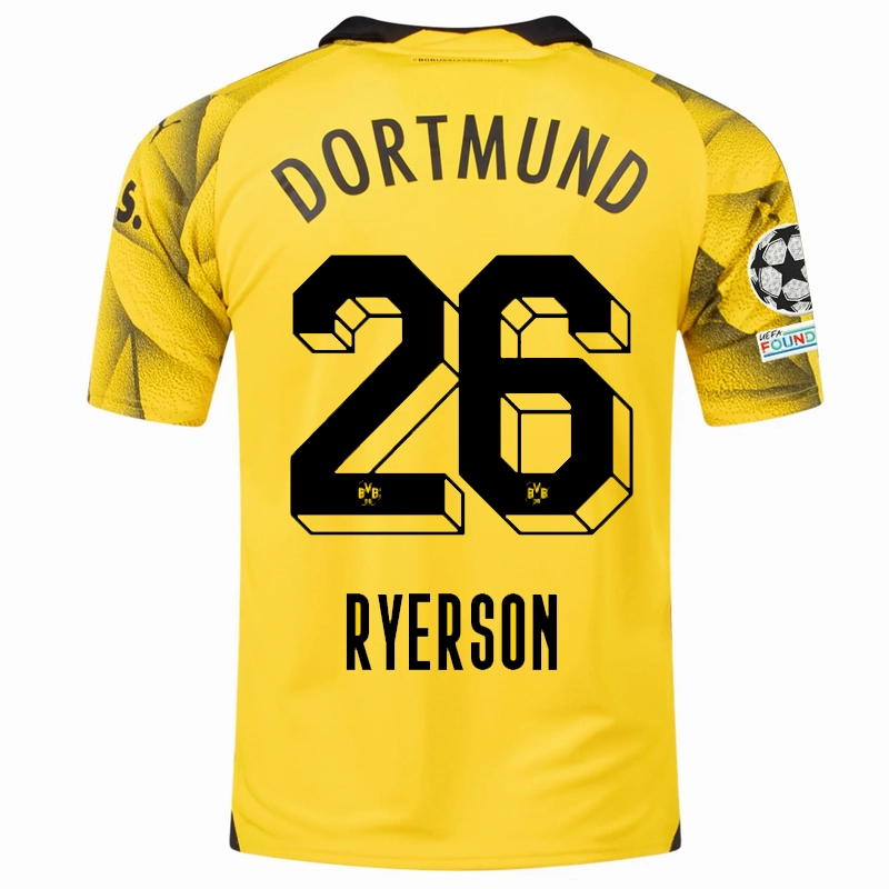 Puma Mens Borussia Dortmund Julian Ryerson Third Jersey w/ Champions League Patches 23/24 (Cyber Yellow/Puma Black) Tagless Design Motion Design