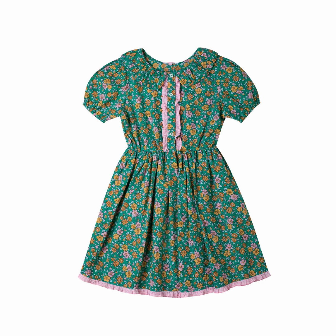 Crisp Look Kidsagogo Poeme Dress, Florale Green Mini Vichy Camelia