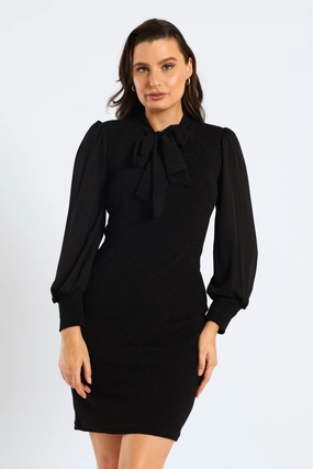 Kitty Bow Keyhole Shimmer Combo Dress - Black Lined interior Everyday Comfort Wear