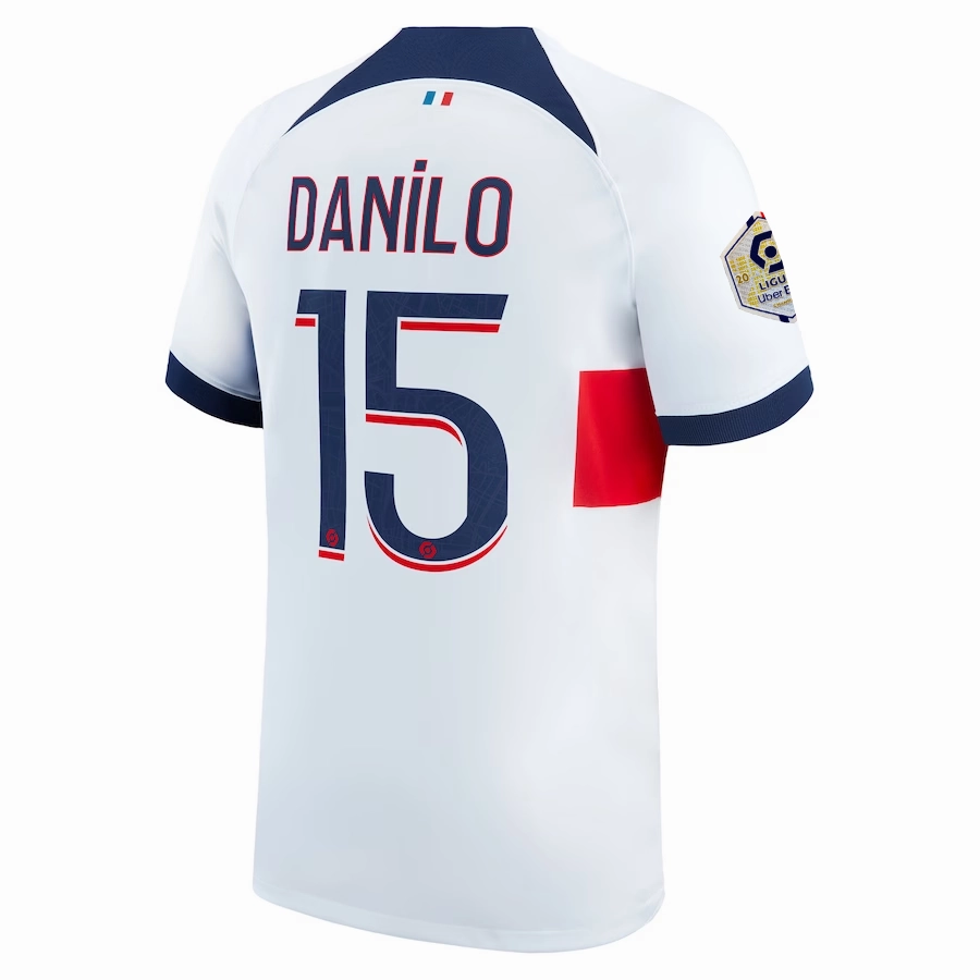 Breath Panel Durable Performance Nike Paris Saint-Germain Danilo Away Jersey w/ Ligue 1 Patch 23/24 (White/Midnight Navy)
