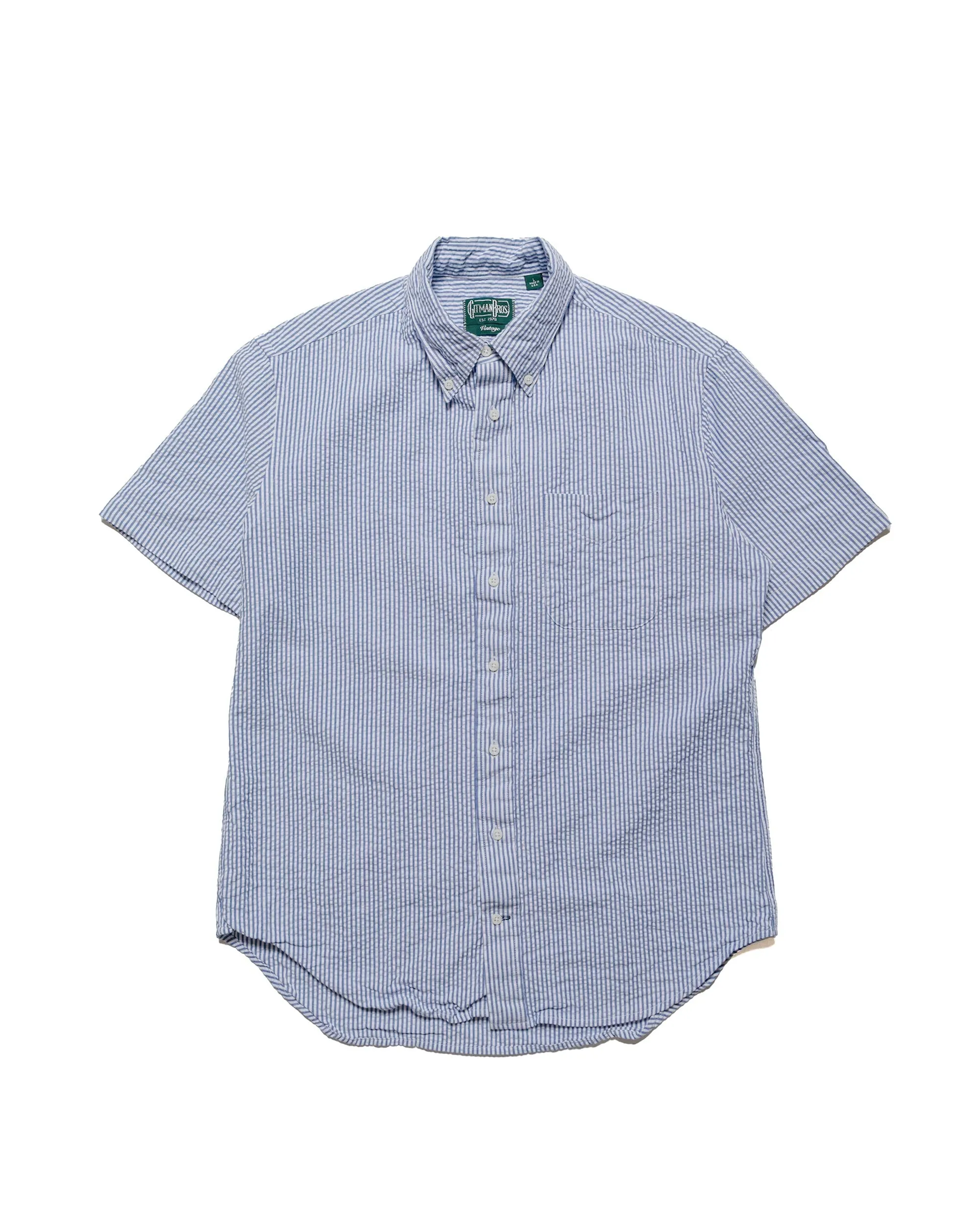 Gitman Vintage Bros. Blue Stripe Seersucker Short Sleeve Shirt Multi Pocket Design Sporty Look