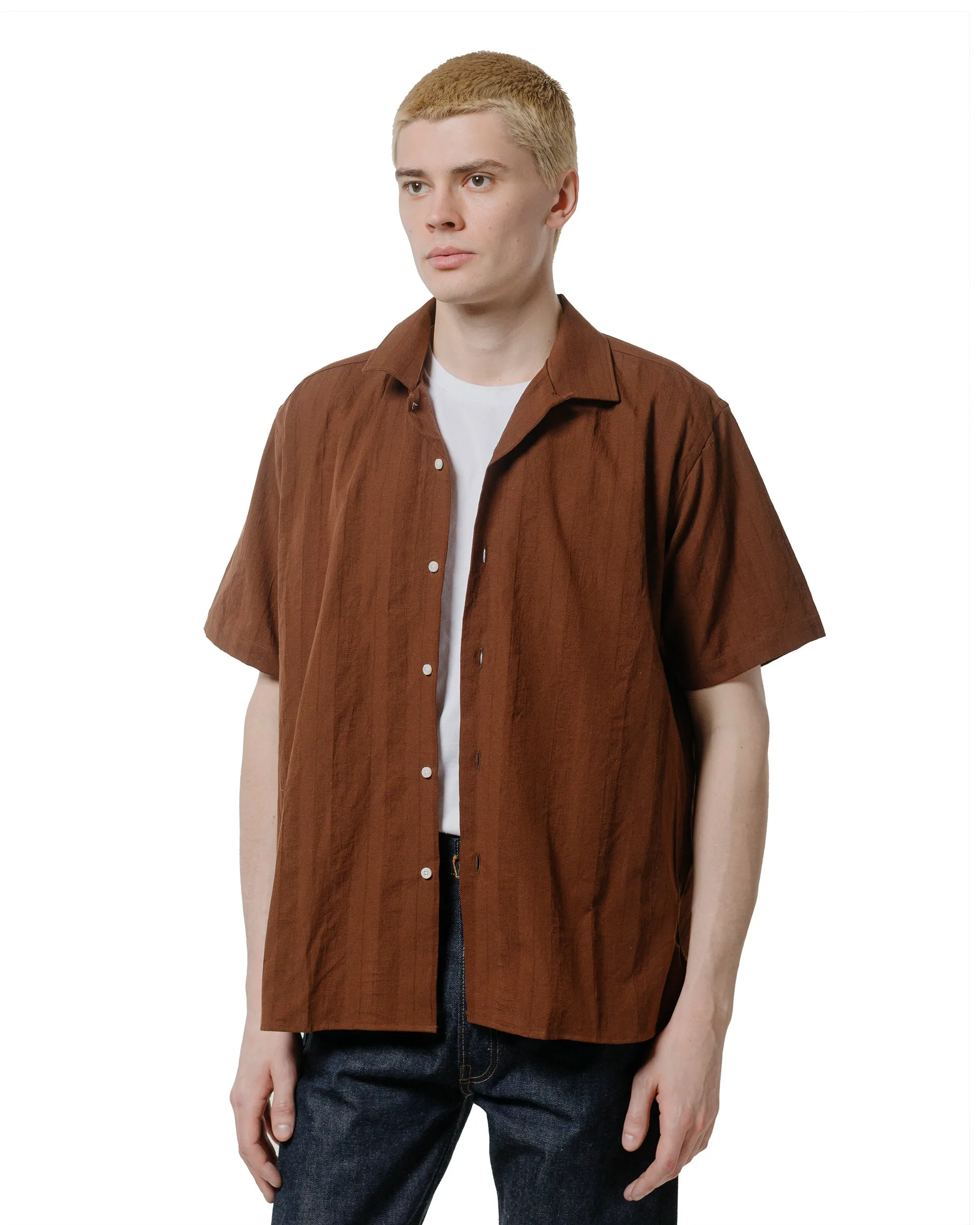 Gitman Vintage Bros. Brown Dobby Stripe Camp Shirt Ultra Soft Interior Odorless Binding Tape