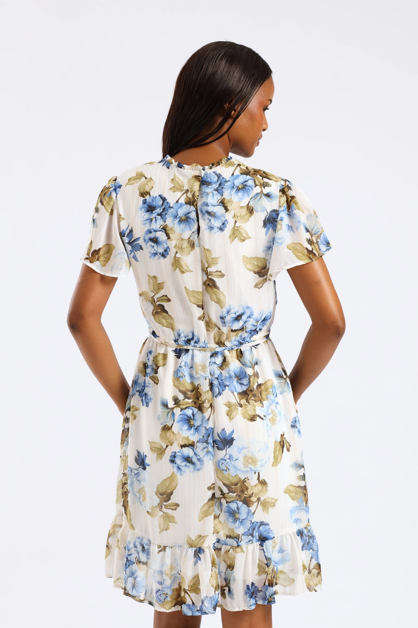 Tie Up Flutter Sleeve Tea Dress - Cream/Blue Smart and Sleek