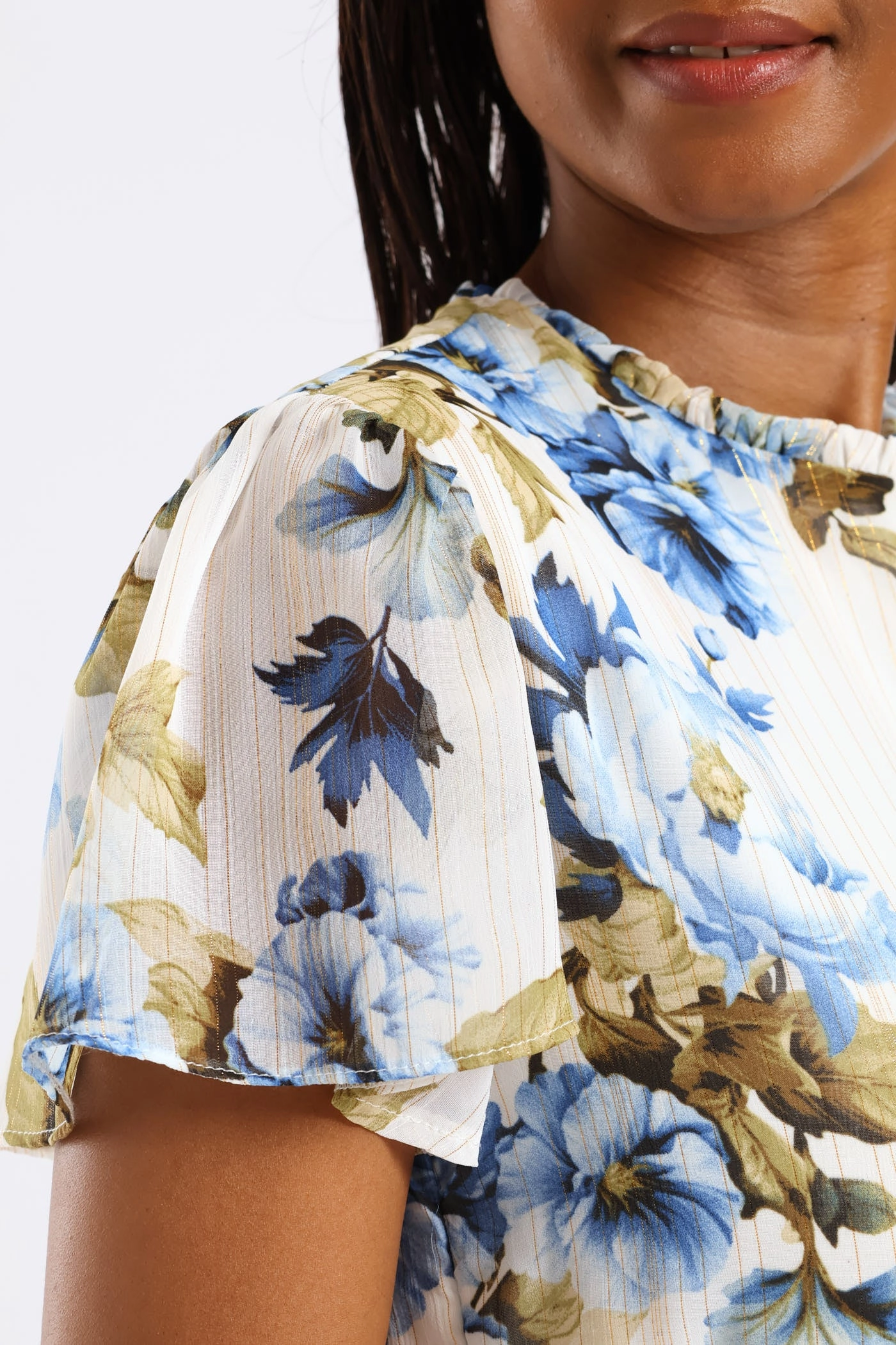 Tie Up Flutter Sleeve Tea Dress - Cream/Blue Youthful Mood Empire Waist