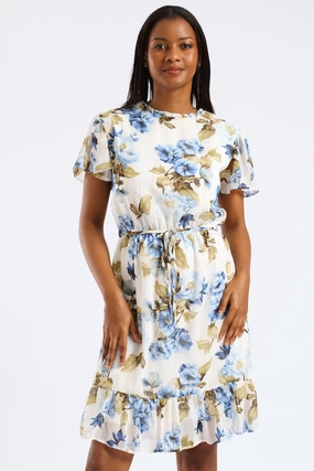 Soft Wear City Mood Tie Up Flutter Sleeve Tea Dress - Cream/Blue
