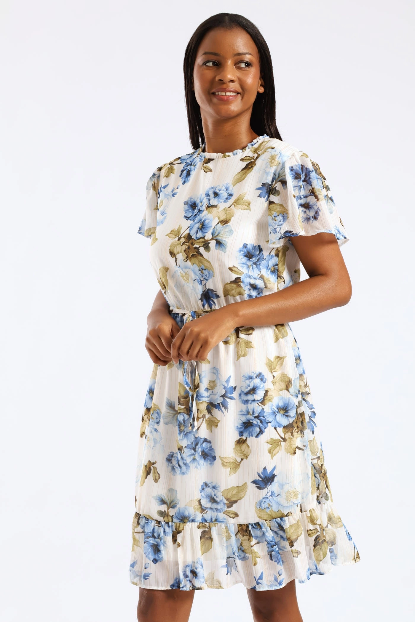 Seasonal Must-Have Tie Up Flutter Sleeve Tea Dress - Cream/Blue