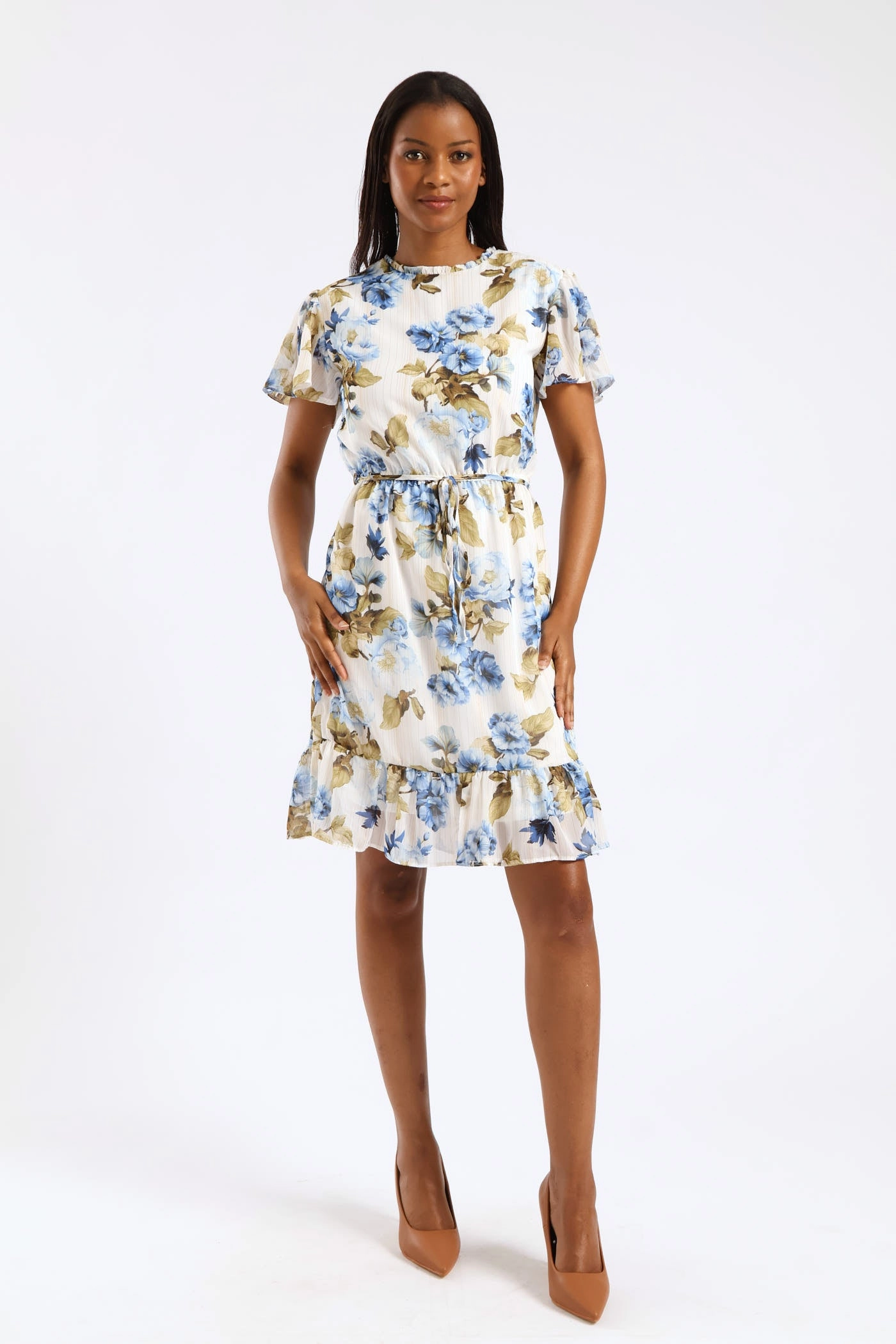Tie Up Flutter Sleeve Tea Dress - Cream/Blue Relaxed Line Chic Layers