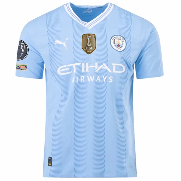 Puma Manchester City Authentic Erling Haaland Home Jersey w/ Champions League   Club World Cup Patches 23/24 (Team Light Blue/Puma White) Friction Free Hemline Design Quick Release Fastening