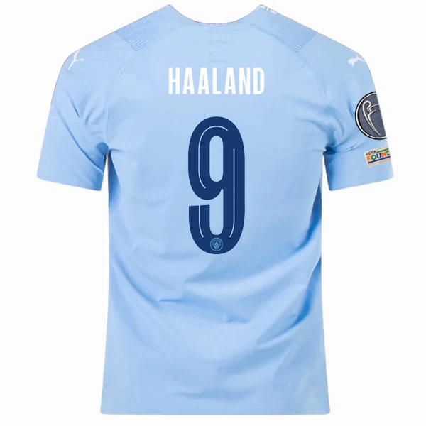 Puma Manchester City Authentic Erling Haaland Home Jersey w/ Champions League   Club World Cup Patches 23/24 (Team Light Blue/Puma White) Smooth Lock Stitching