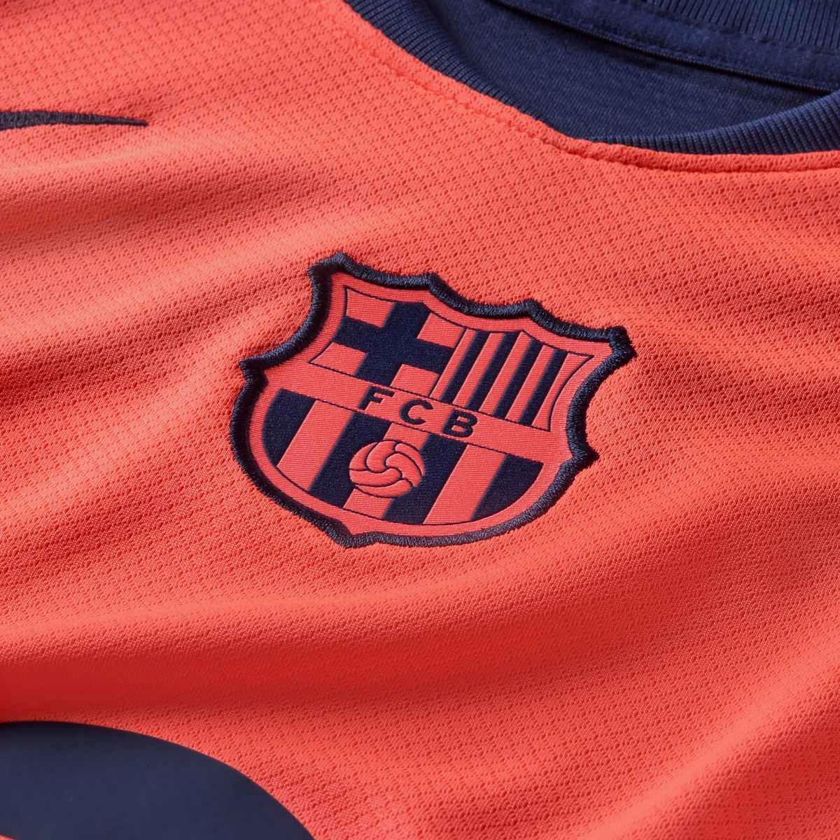 Sweat Resistant Finish Nike Youth FC Barcelona T90 Third Jersey 25/26 (Bright Mango/Midnight Navy)