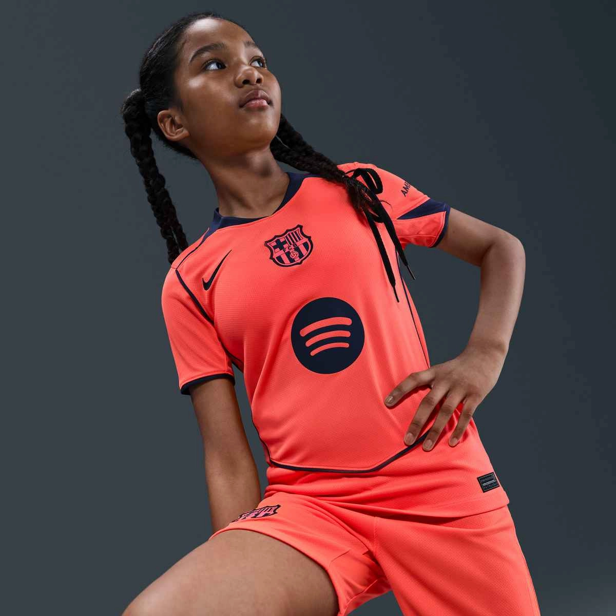 Nike Youth FC Barcelona T90 Third Jersey 25/26 (Bright Mango/Midnight Navy) Active Wear Vapor Transfer Fabric