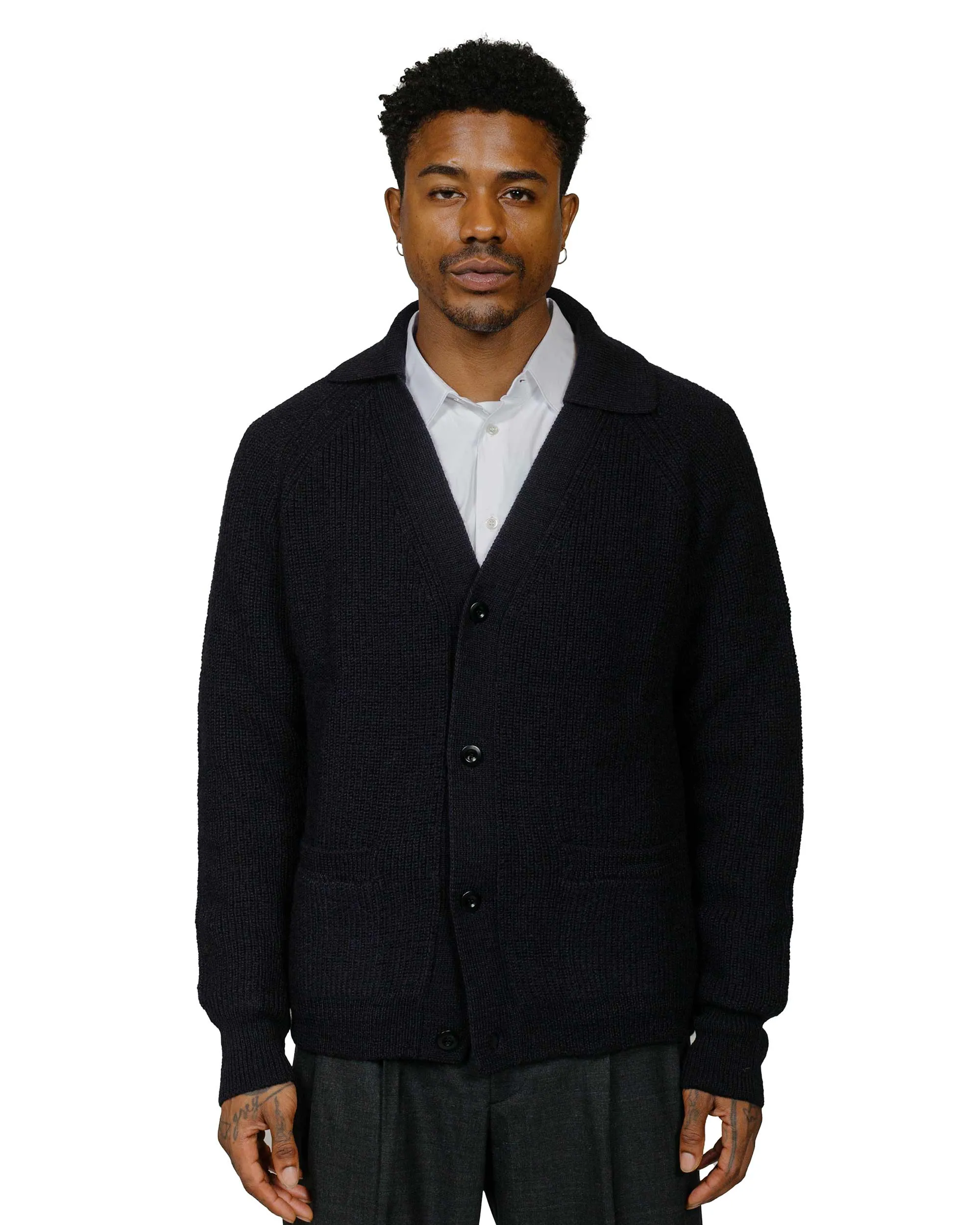 MHL Collared Cardigan Virgin Wool Ink Cool Outfit product weekday wear practicality