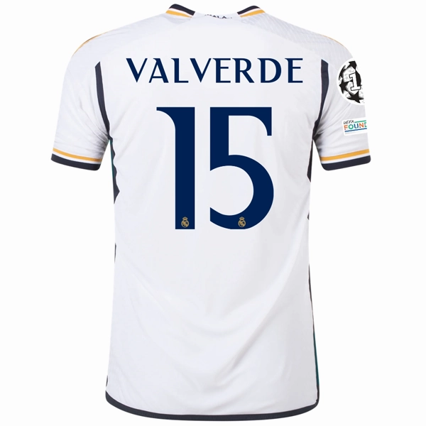 adidas Real Madrid Authentic Federico Valverde Home Jersey w/ Champions League   Club World Cup Patches 23/24 (White) High Compression Support