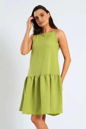Hi-Neck Drop Waist Mini Dress - Lime Chic Vibe