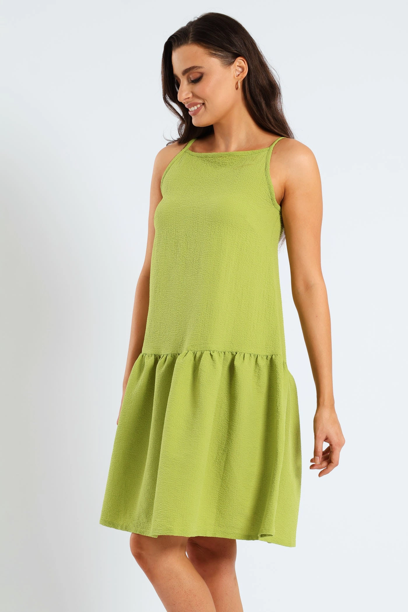 Hi-Neck Drop Waist Mini Dress - Lime Compact Fit Chill Fashion