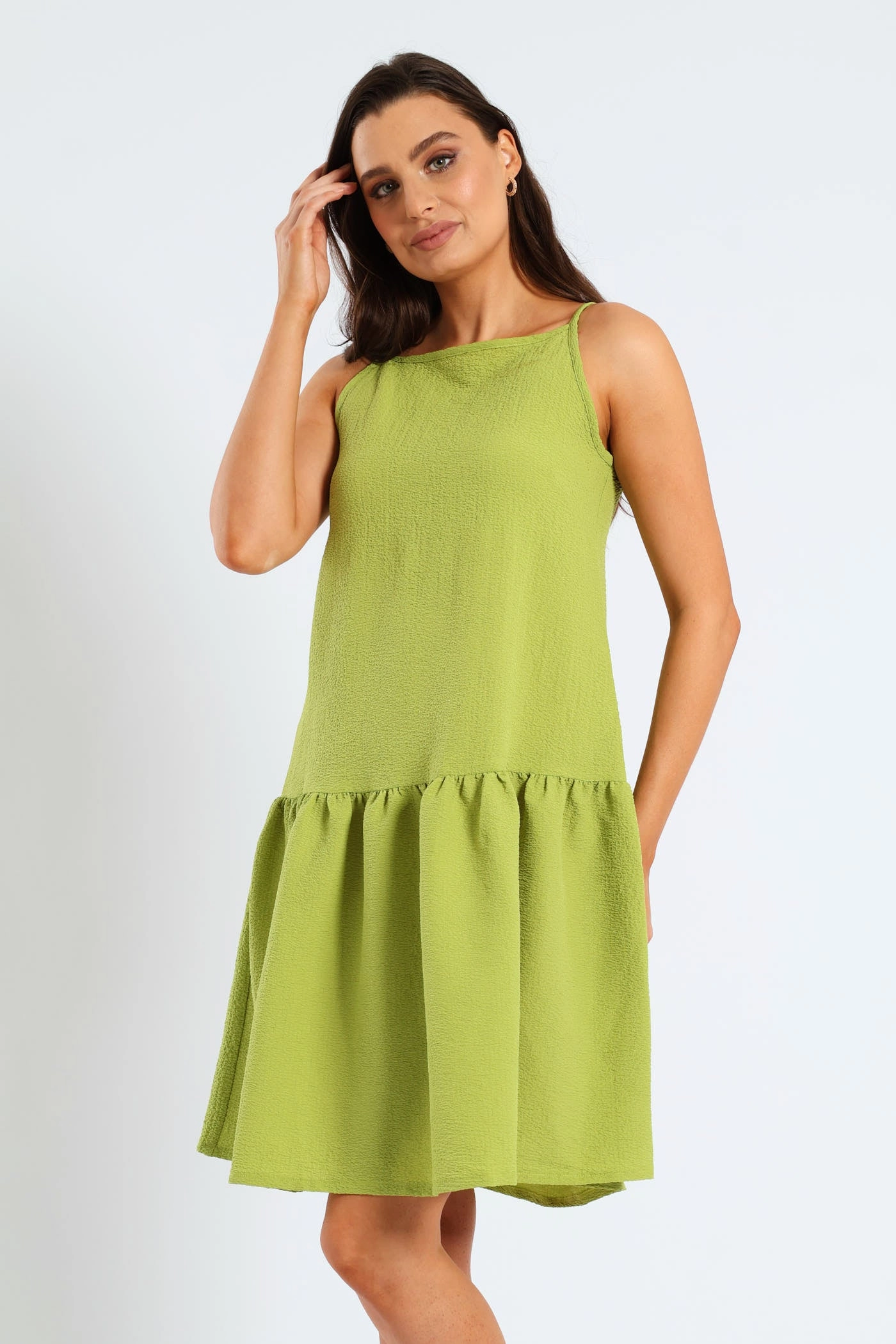 Hi-Neck Drop Waist Mini Dress - Lime Chic Vibe