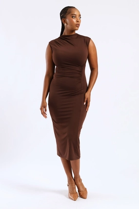 Effortless Fit Hi-Neck Ruched Slinky Midi Dress - Brown
