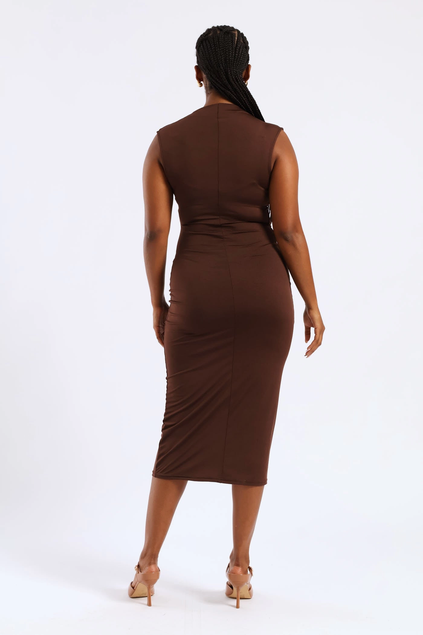 Easy-Storage Hi-Neck Ruched Slinky Midi Dress - Brown