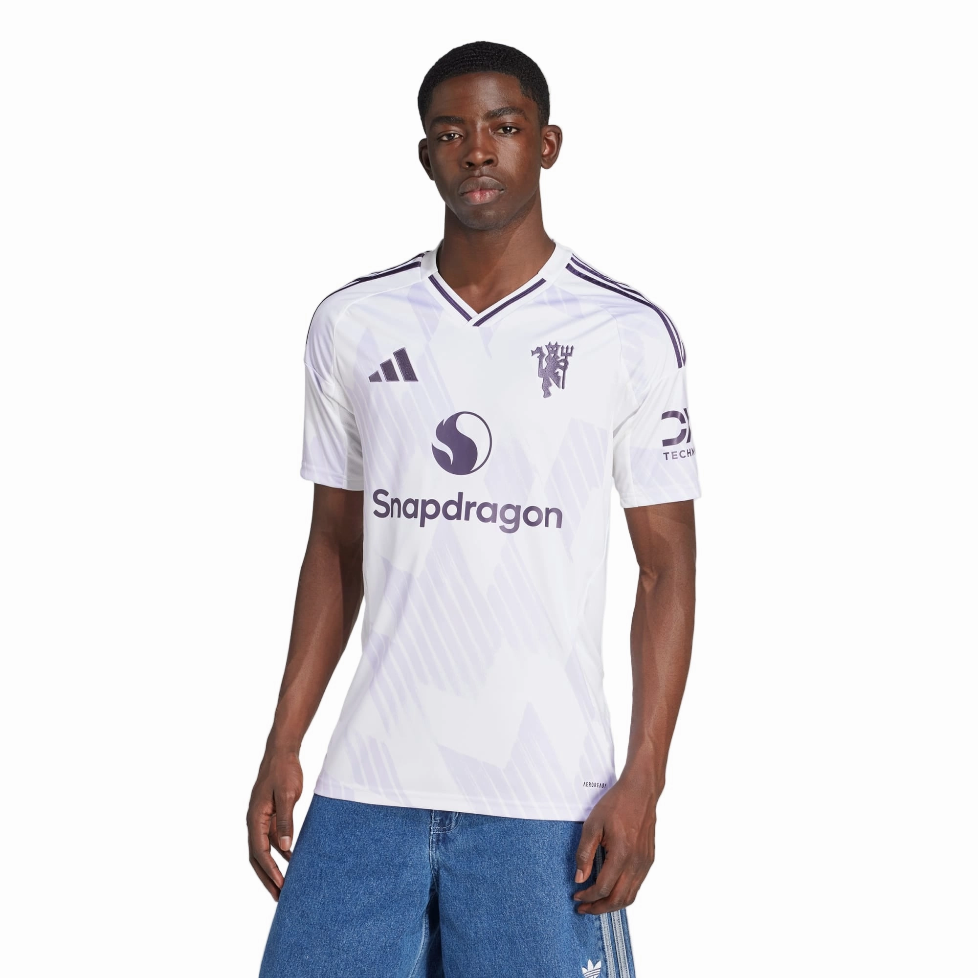 adidas Men's Manchester United Away Jersey 25/26 (White/Purple) Easy Stretch Ribbed collar