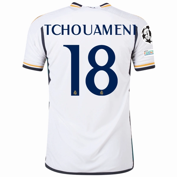 adidas Real Madrid Authentic Tchouameni Home Jersey w/ Champions League   Club World Cup Patches 23/24 (White) Comfort Stretch Premium Quality Stitching
