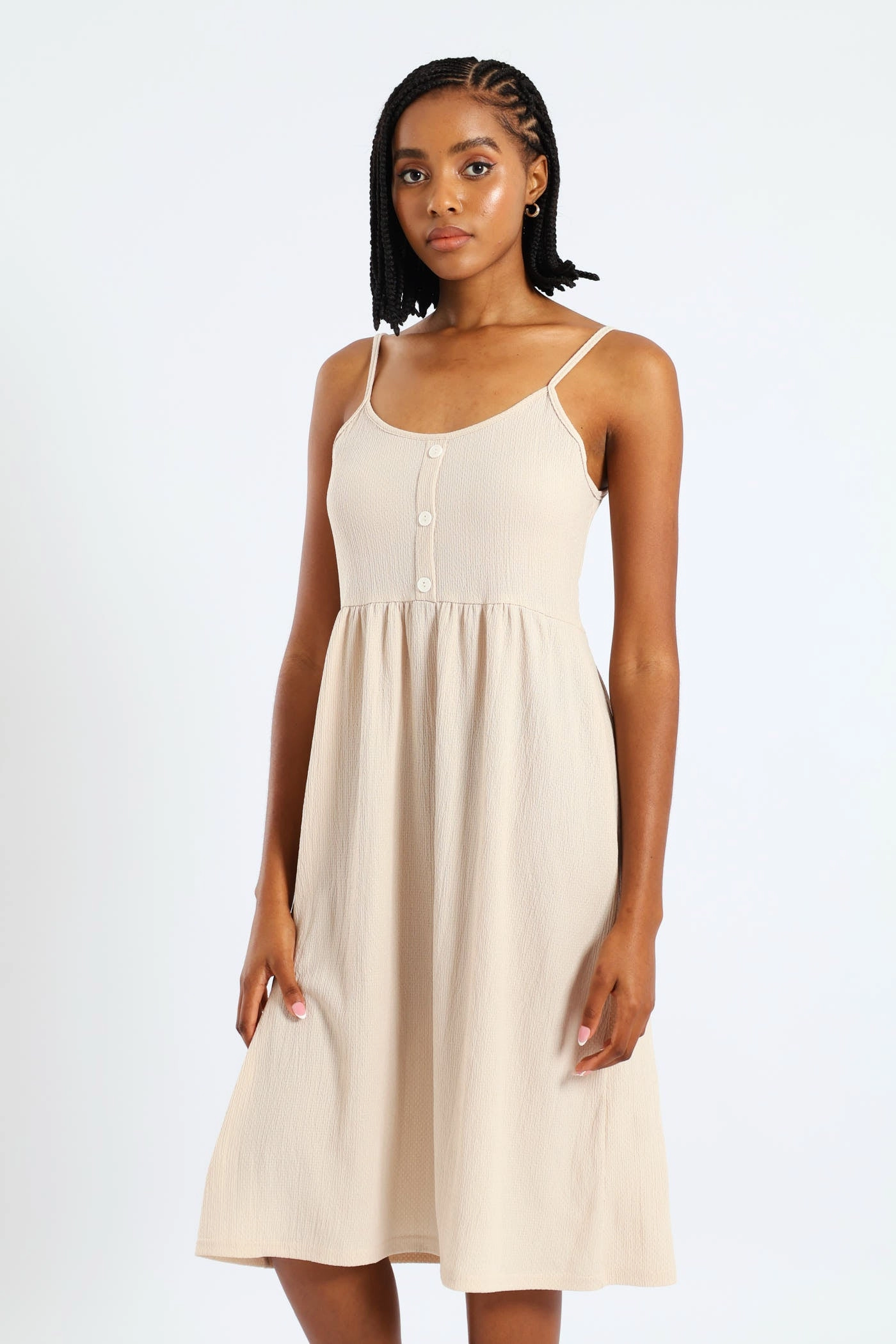 Relaxing Style Formal Choice Sleeveless Strappy Button Sun Dress - Pebble