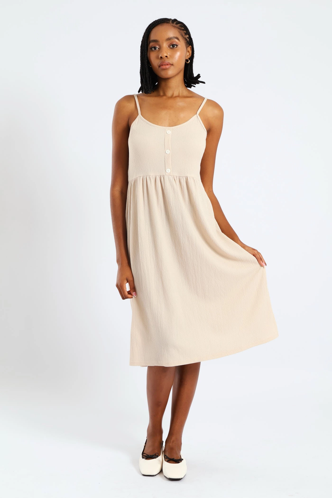 Sleek Movement Sleeveless Strappy Button Sun Dress - Pebble