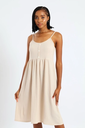 Clean Chic Sleeveless Strappy Button Sun Dress - Pebble