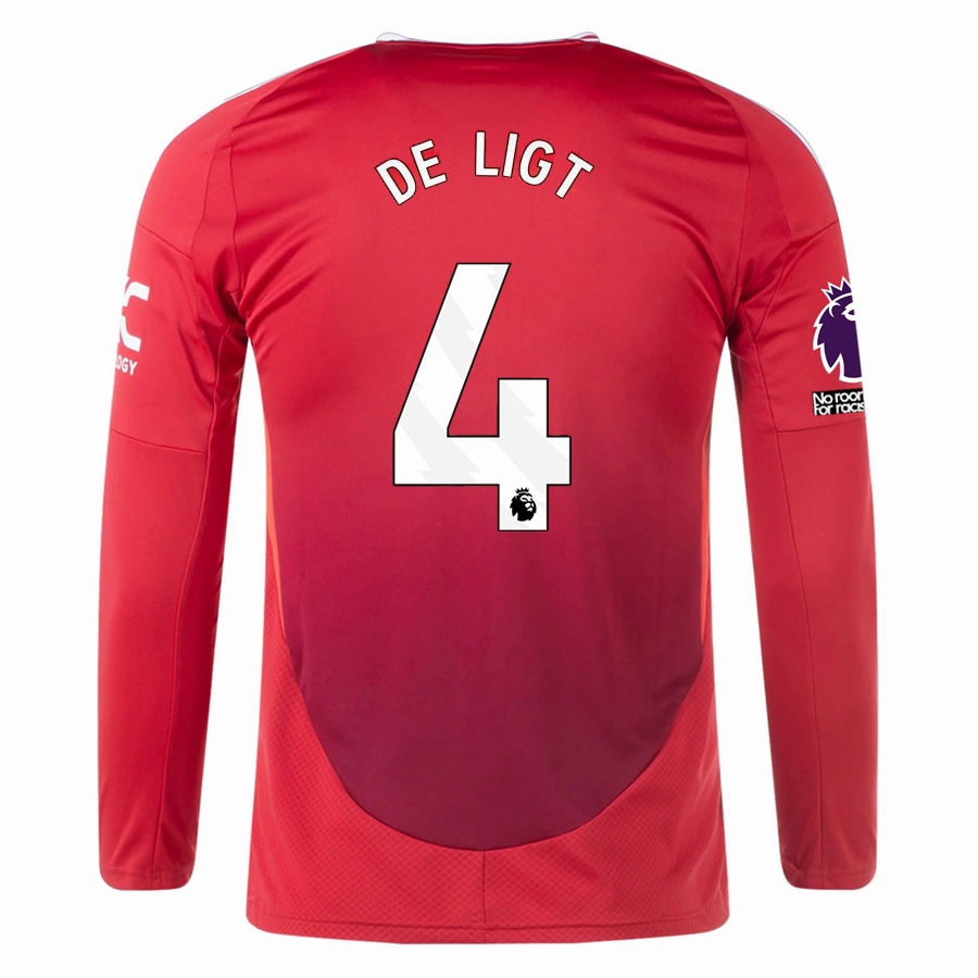 Compact Knit Texture adidas Manchester United Matthijs De Ligt Long Sleeve Home Jersey w/ EPL   No Room For Racism Patches24/25 (Red)