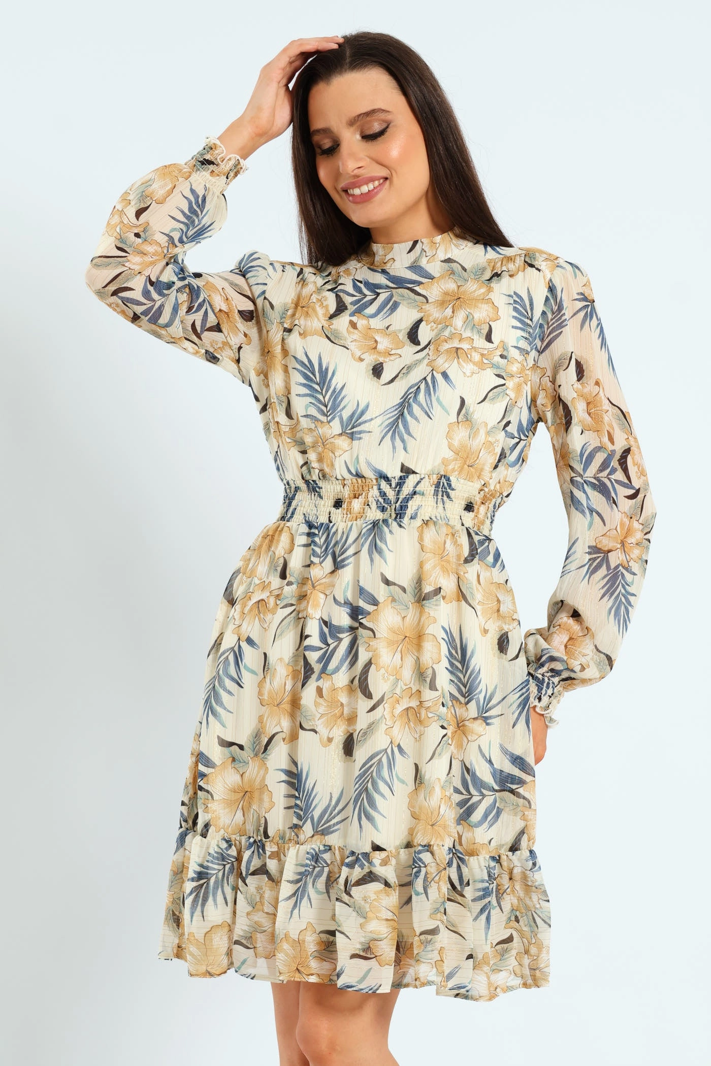 High Neck Shirred Waisted Tea Dress Gender Fluid