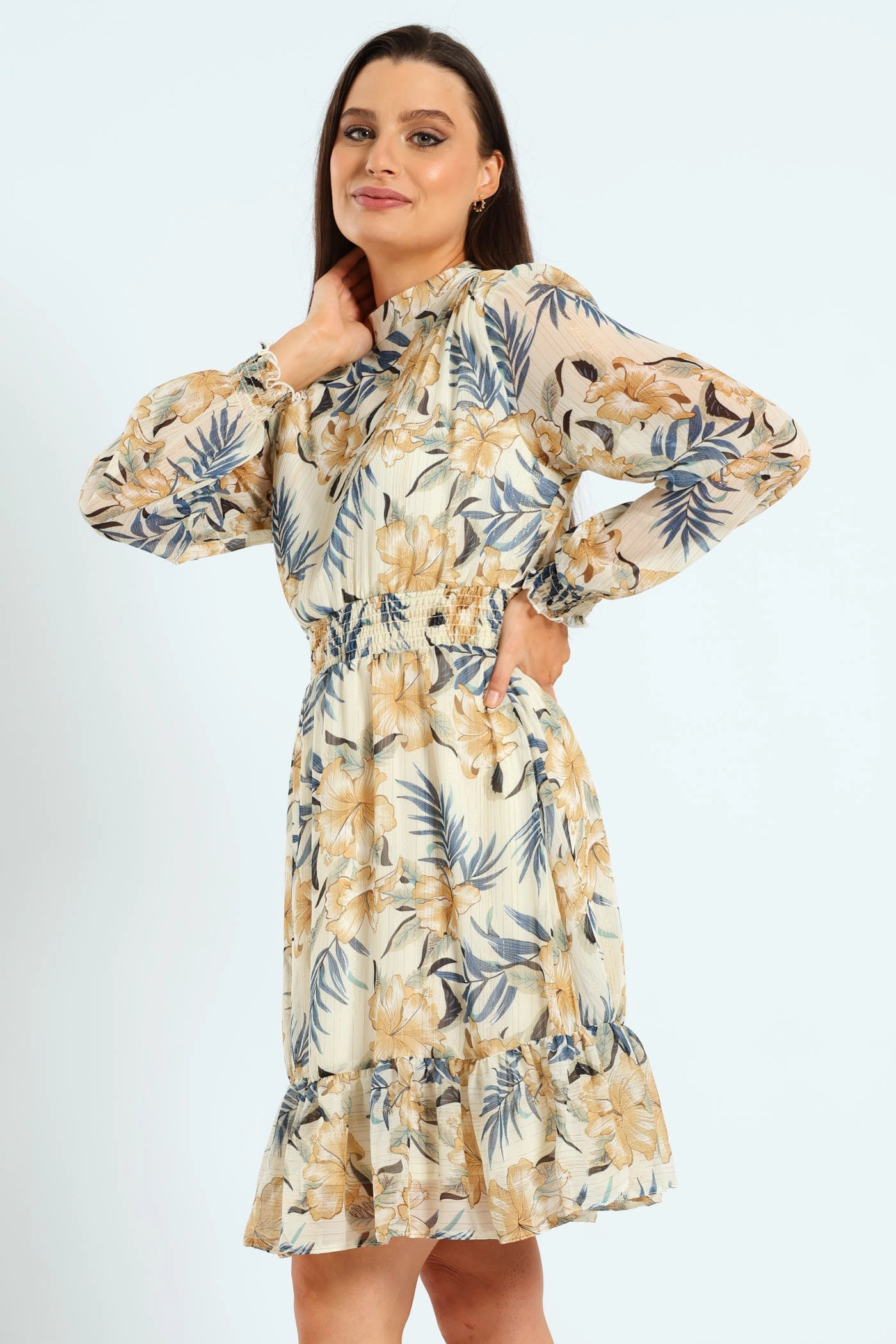High Neck Shirred Waisted Tea Dress Bold Statement
