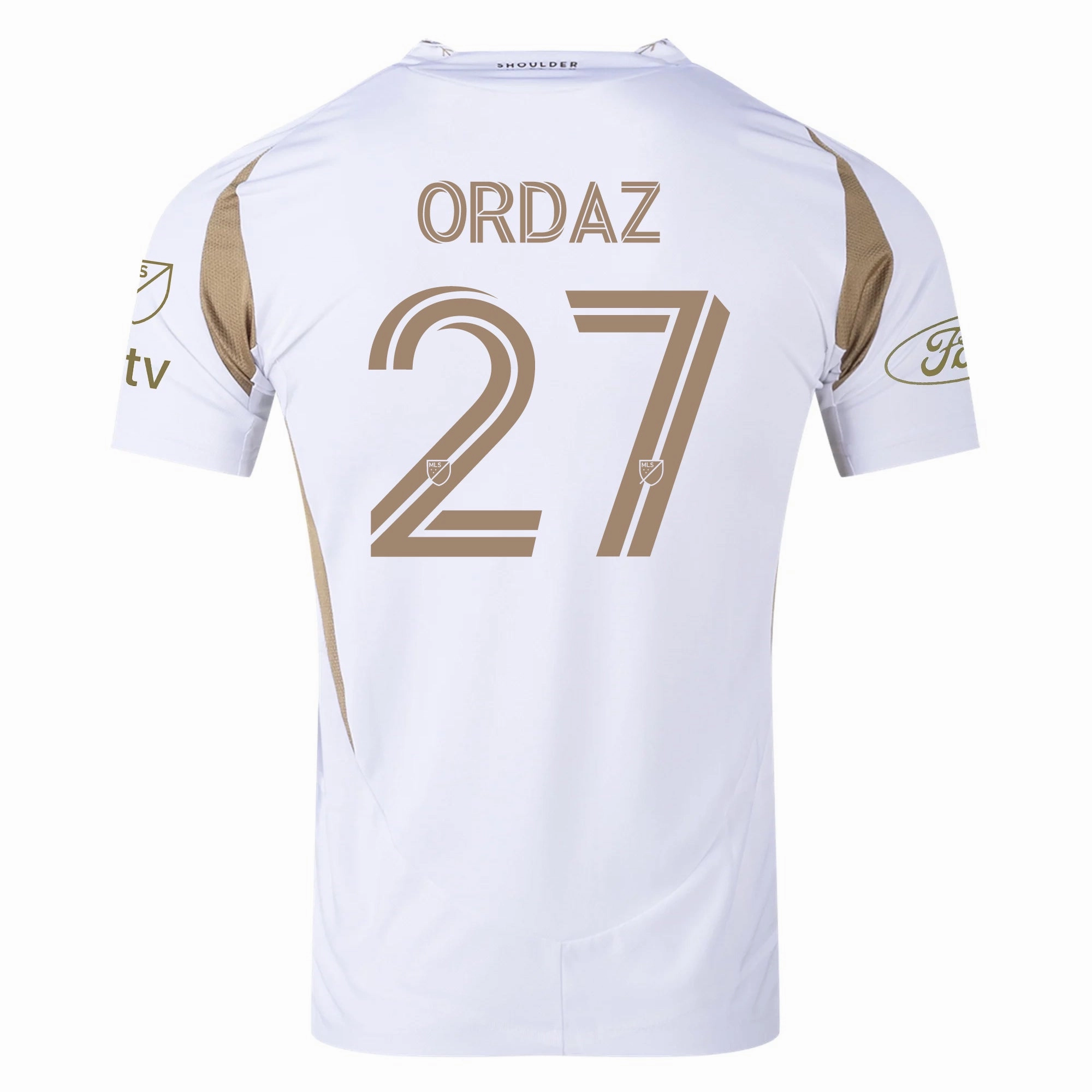 adidas Nathan Ordaz LAFC Authentic Away Jersey w/ MLS   Apple   Ford Logo 25/26 (White/Gold) Performance Optimized Weave Sport Inspired