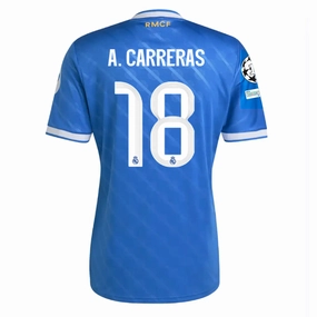 adidas A. Carreras Men's Real Madrid Third Jersey 25/26 w/ Champions League Patches (Blue/White) Tagless Label Design