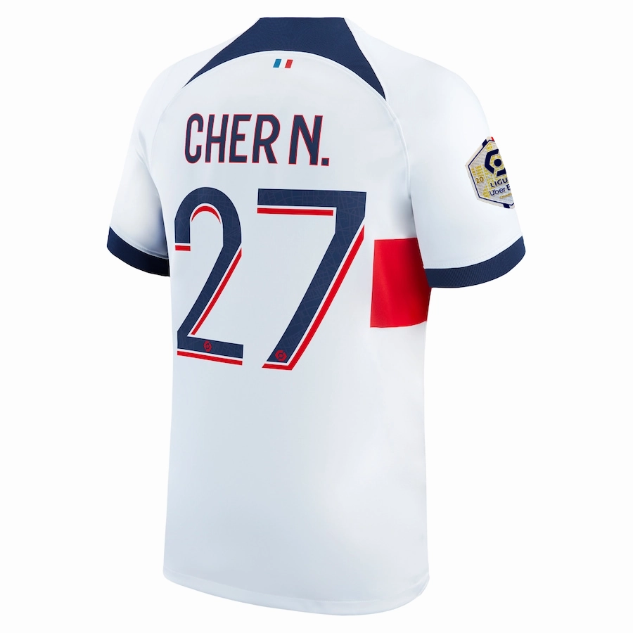 Tear Resistant Construction Nike Paris Saint-Germain Cher Ndour Away Jersey w/ Ligue 1 Patch 23/24 (White/Midnight Navy)