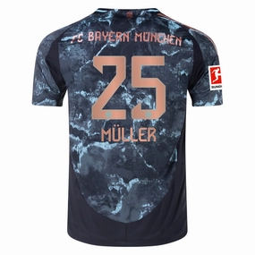 High Visibility Details Tailored Fit adidas Bayern Munich Authentic Thomas Muller Away Jersey w/ Bundesliga Patch 24/25 (Black/Copper/Blue)