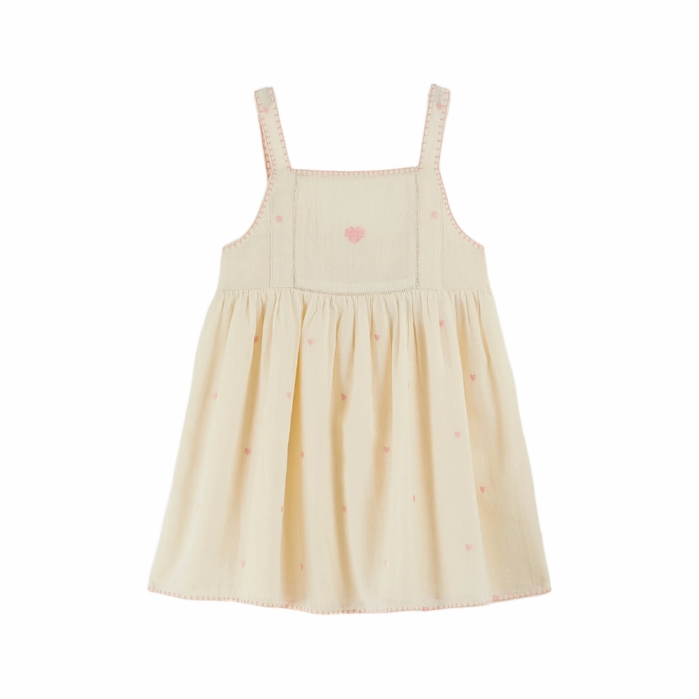 Emile et Ida Heart Embroidered Dress, Ecru Sharp Detail Timeless Fashion