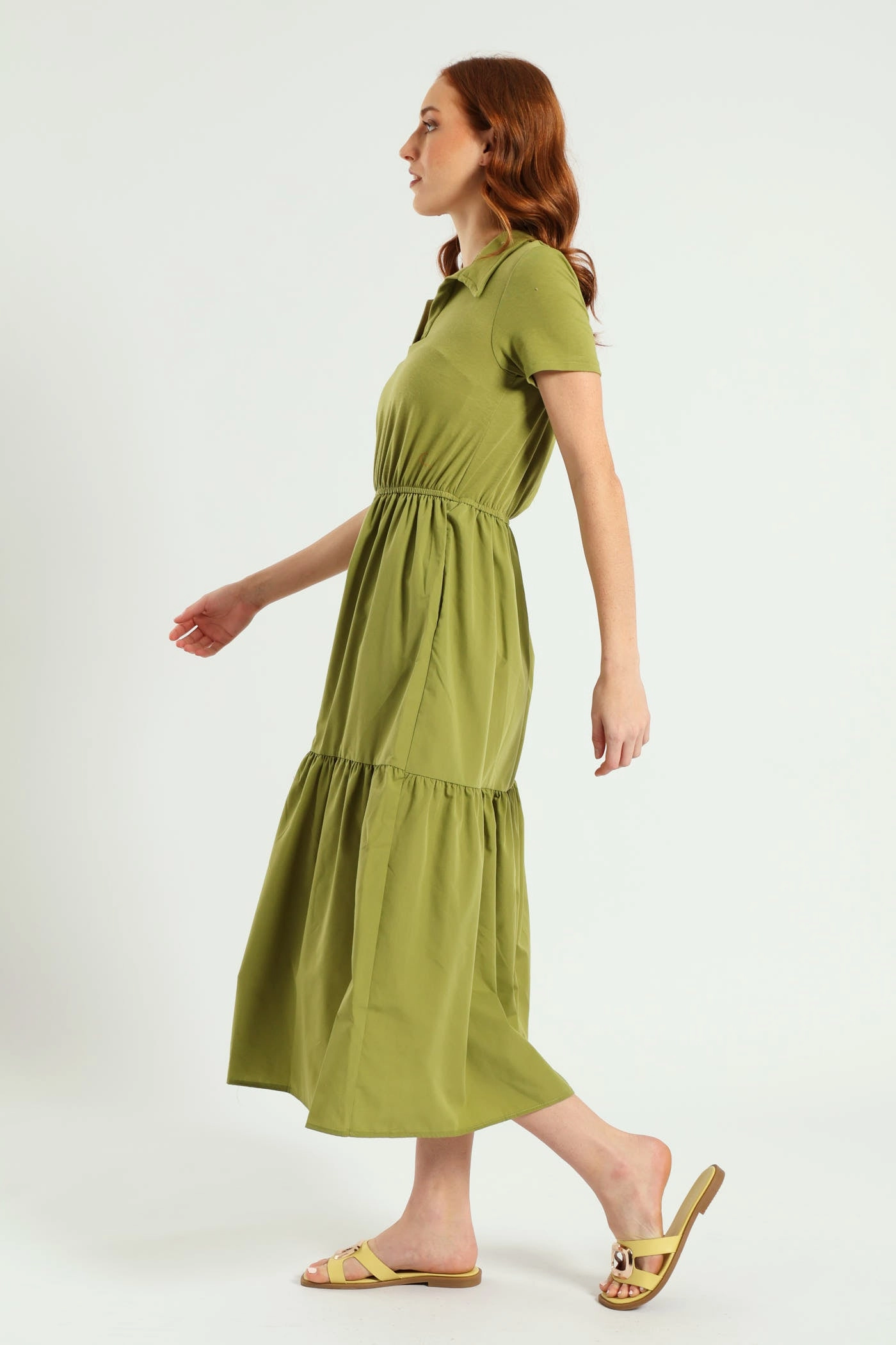 Comfortable Style foldable Jonny Collar Tiered Cotton Combo Midaxi Dress - Olive
