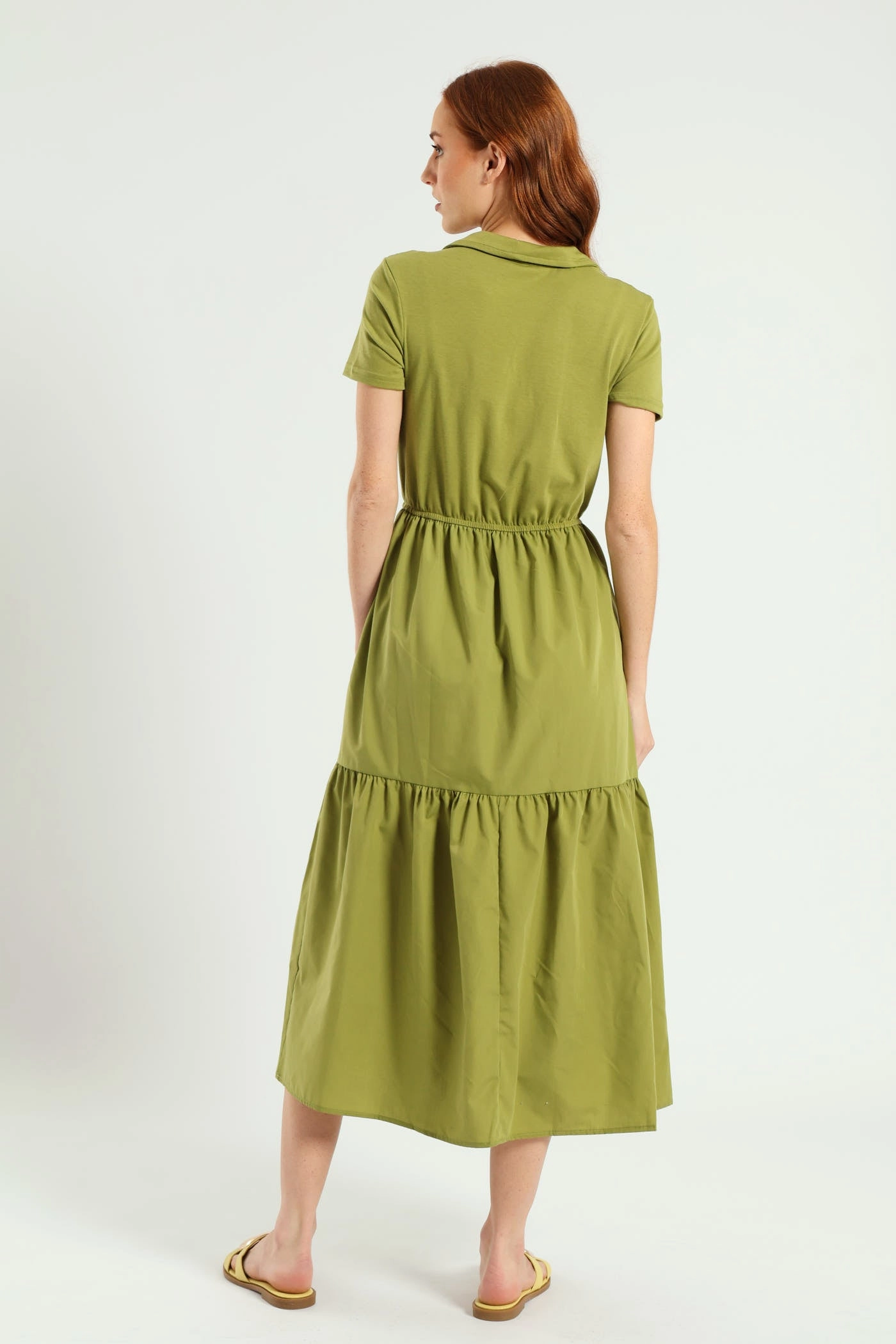 Jonny Collar Tiered Cotton Combo Midaxi Dress - Olive Bodycon-Fit Airy Base