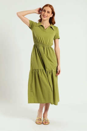 Odor-Control Jonny Collar Tiered Cotton Combo Midaxi Dress - Olive
