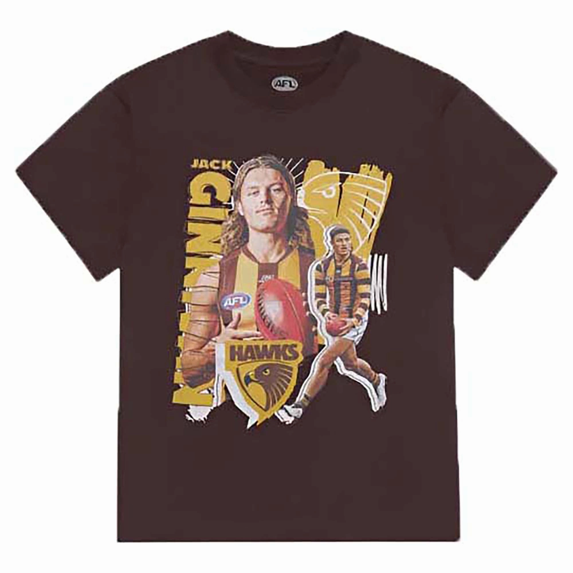 Junior's AFL Hawthorn Hawks Football Club Jack Ginnivan Landmark Player Tee Tight Feel Court Style