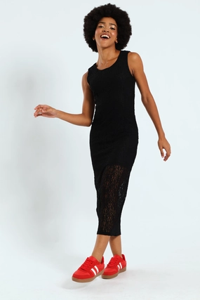 Lace Midi Column Dress - Black Versatile Style Front-Zip