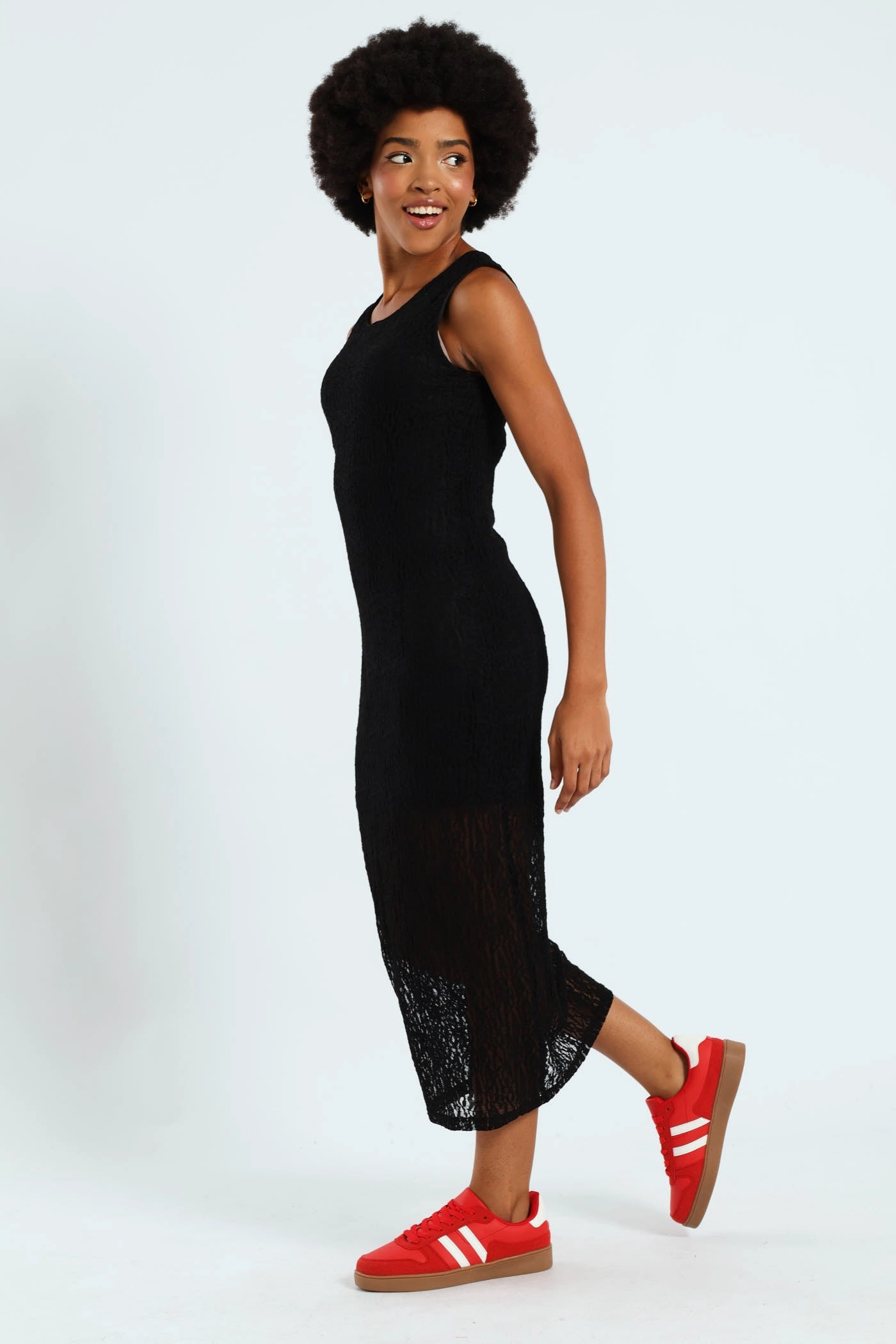 Lace Midi Column Dress - Black Vibrant evening gown Bold Patterns