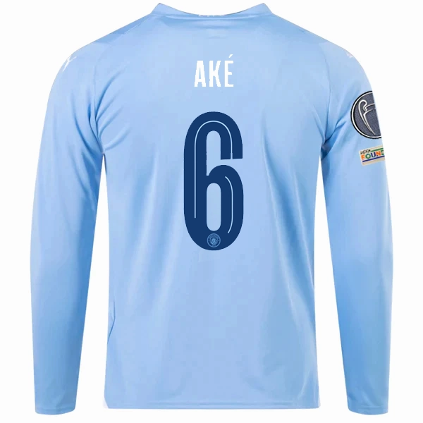 Puma Manchester City Nathan Ake Home Long Sleeve Jersey w/ Champions League   Club World Cup Patches 23/24 (Team Light Blue/Puma White) Ultra Soft Lining Breath Panel