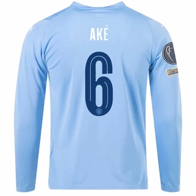 Moisture Management System Odor Control Technology Puma Manchester City Nathan Ake Home Long Sleeve Jersey w/ Champions League   Club World Cup Patches 23/24 (Team Light Blue/Puma White)