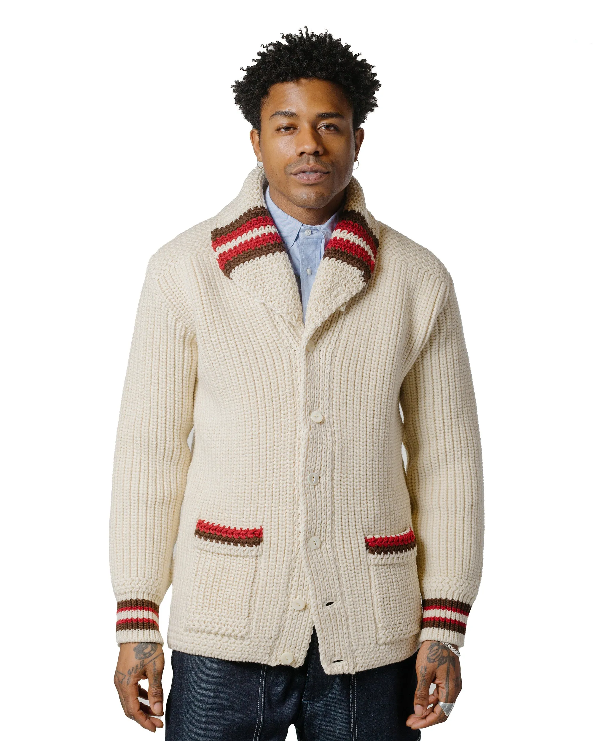 right for running The Real McCoy's MC24111 Striped Shawl Collar Cardigan Ecru