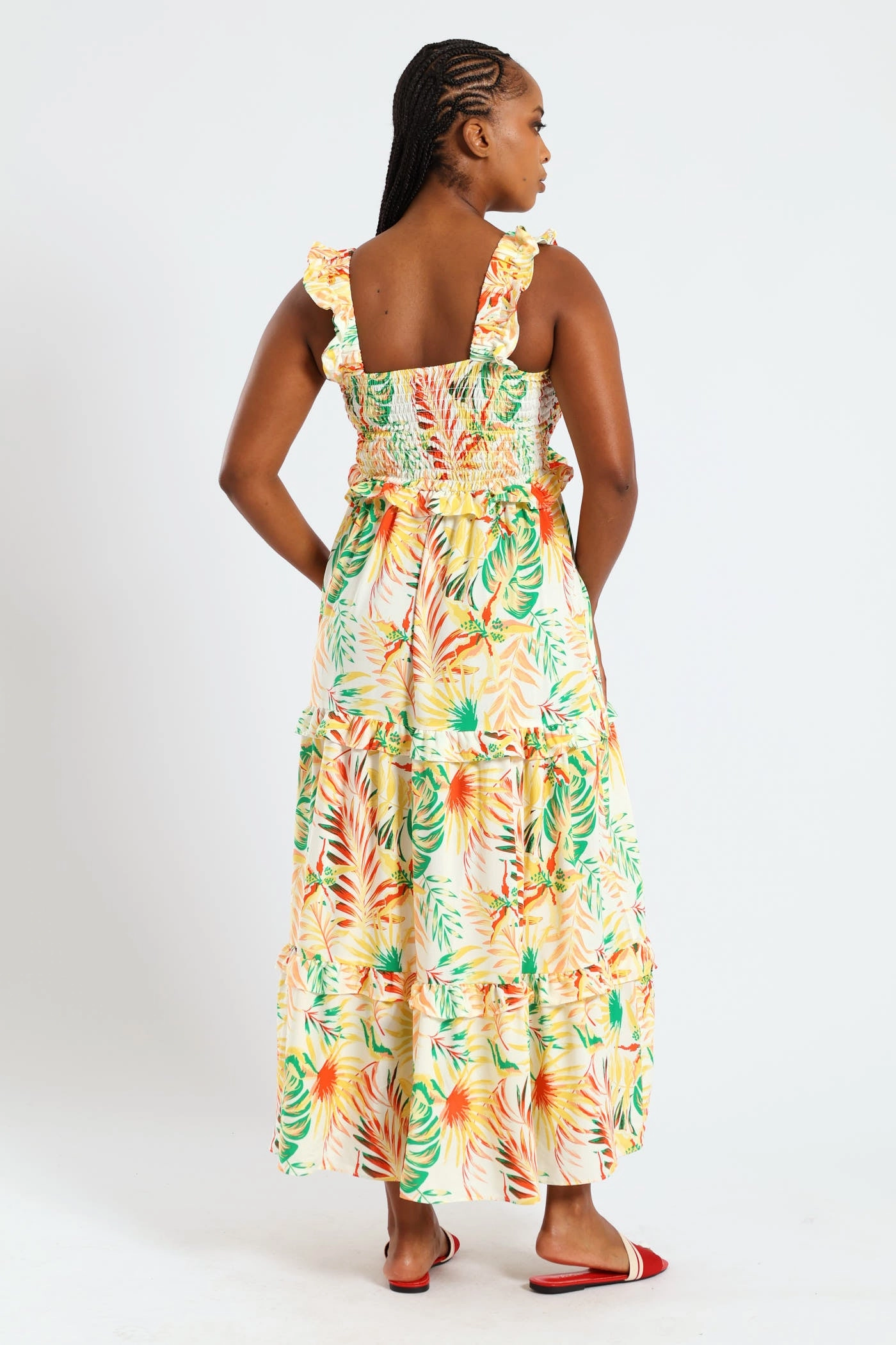 Frill Strap Shirred Tiered Maxi Dress - Multi Color Glow