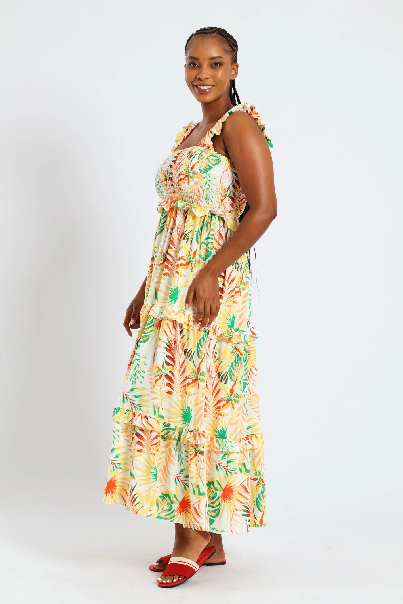 Frill Strap Shirred Tiered Maxi Dress - Multi spring fashion Comfort Mode