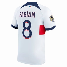 Durable Blend Fabric Quick Comfort Nike Paris Saint-Germain Fabian Away Jersey w/ Ligue 1 Patch 23/24 (White/Midnight Navy)